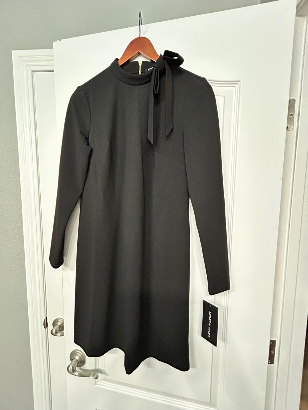 Andrew Marc Long-Sleeve Black Tie-Neck Shift Dress Size 8